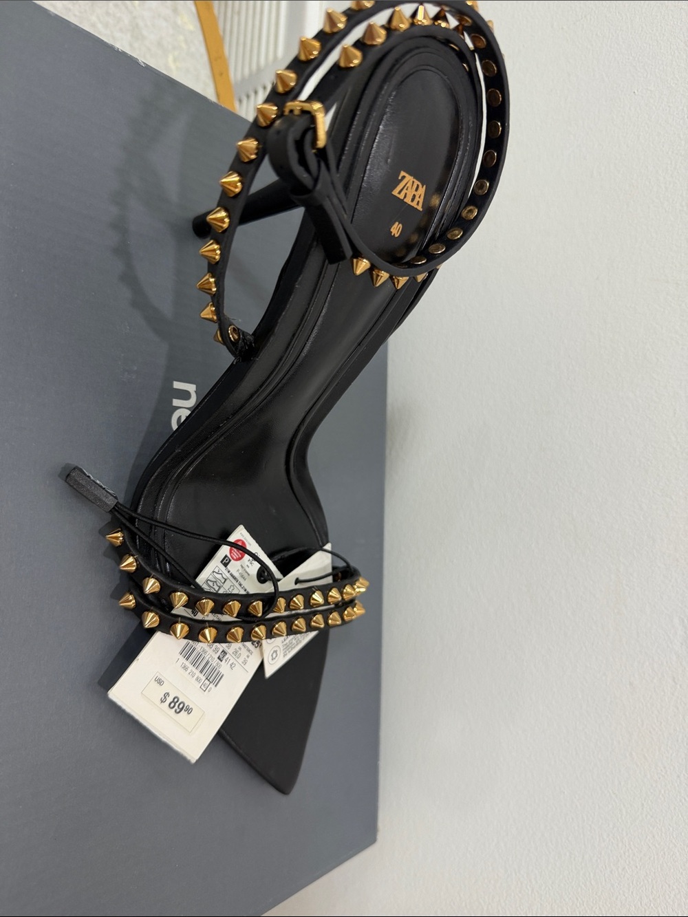 Zara Black Heeled Sandals with Gold Studs